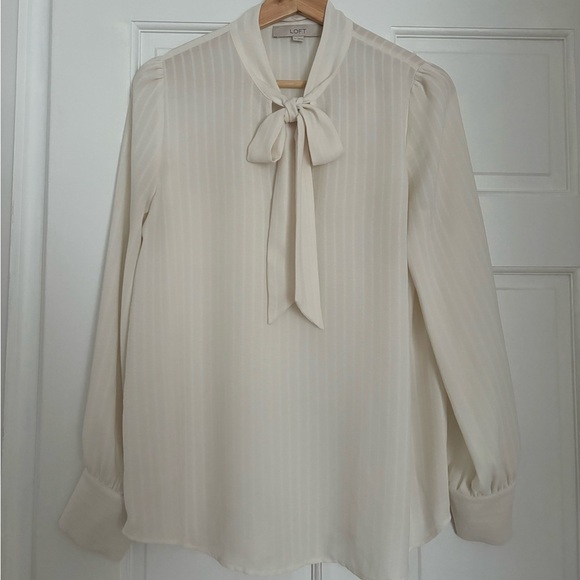 LOFT Cream Ribbed Blouse with Tie Front - Picture 1 of 4